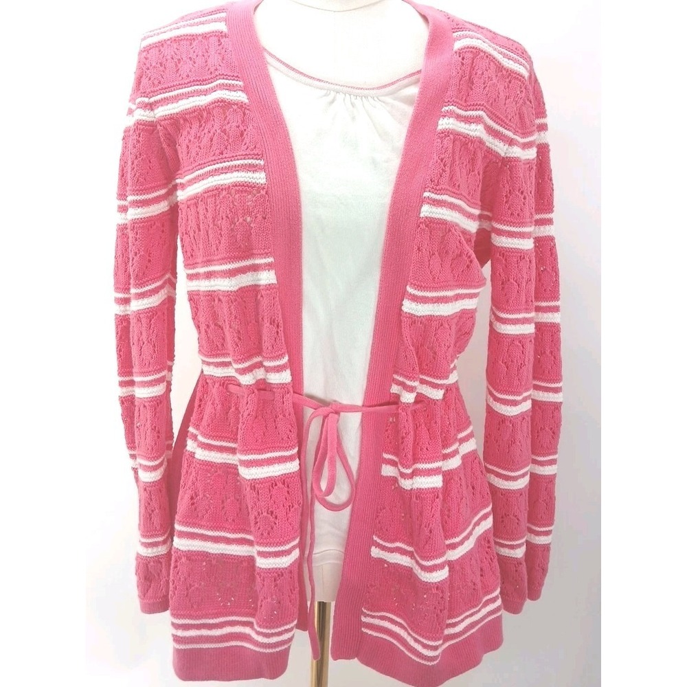 Northcrest Classic Open Front Knit Pink Stripe Cardigan Sweater Xl 100% Cotton